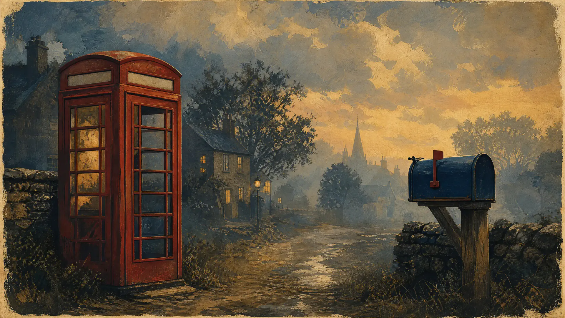 Una cabina telefónica con la Union Jack frente a un buzón estadounidense en un cruce de caminos