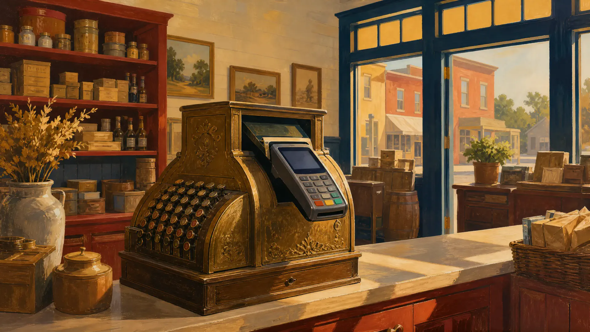 Una caja registradora con lector de tarjetas como símbolo de Stripe