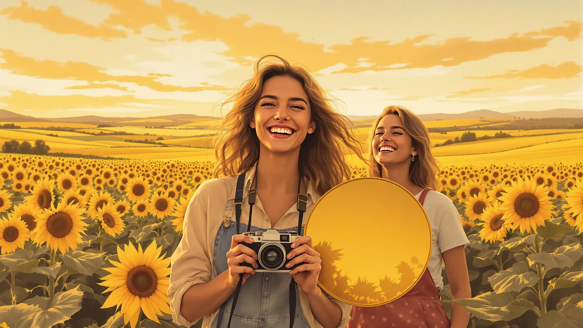Una creadora de contenido con una cámara y una amiga que sostiene un reflector ríen a cámara al borde de un campo de girasoles