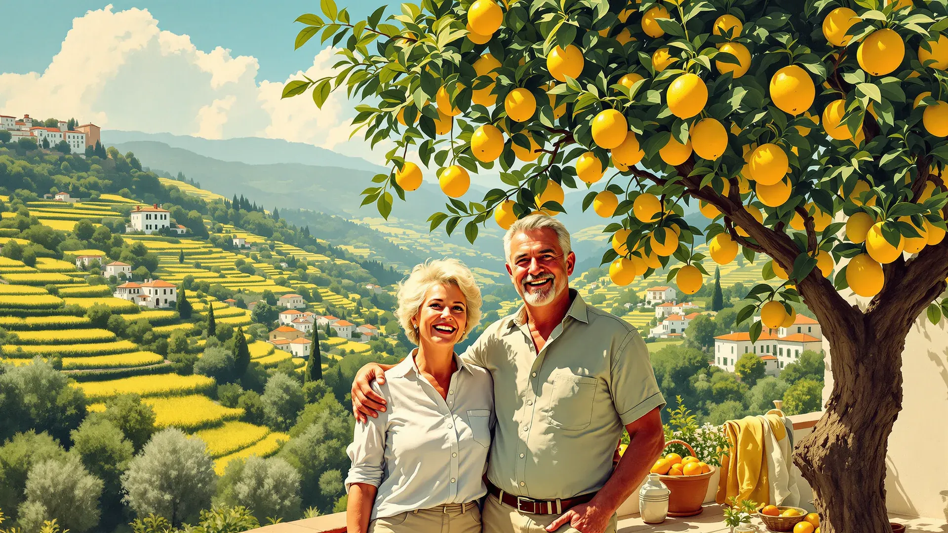 Una pareja de unos cincuenta años riendo a cámara bajo un limonero en una terraza en la ladera