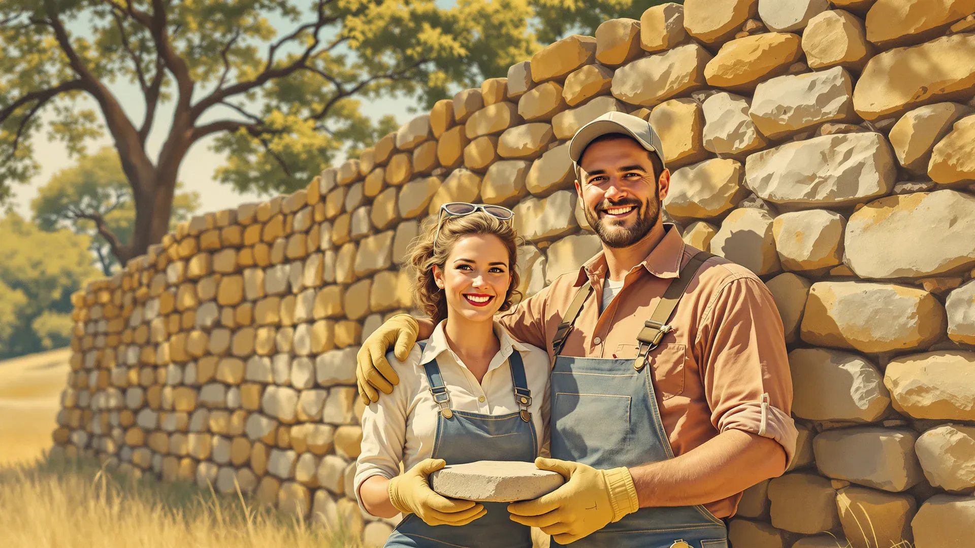 Una donna e un uomo con guanti da lavoro reggono una pietra davanti al muretto a secco che stanno alzando nella Texas Hill Country e ridono verso l'obiettivo