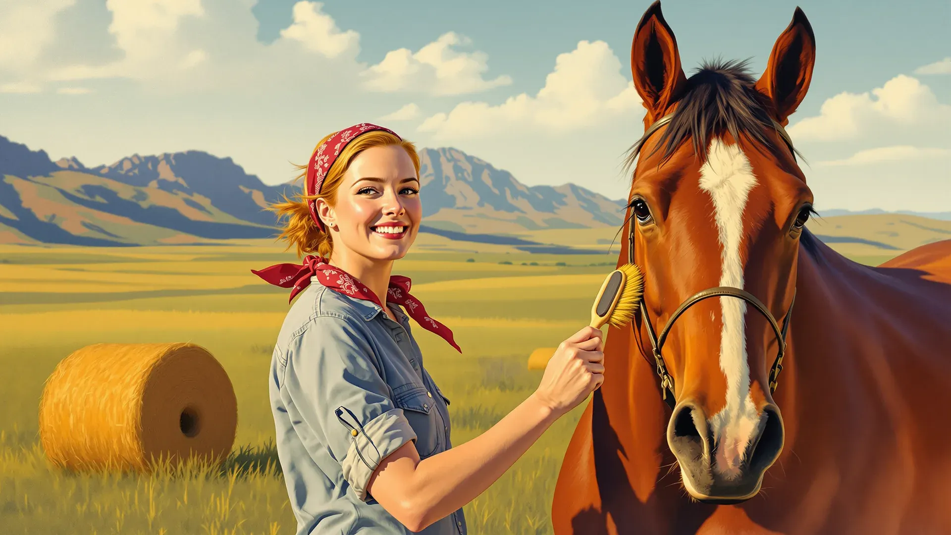 Una donna con un fazzoletto rosso al collo striglia un cavallo ben curato in un prato del Wyoming al mattino e sorride alla fotocamera