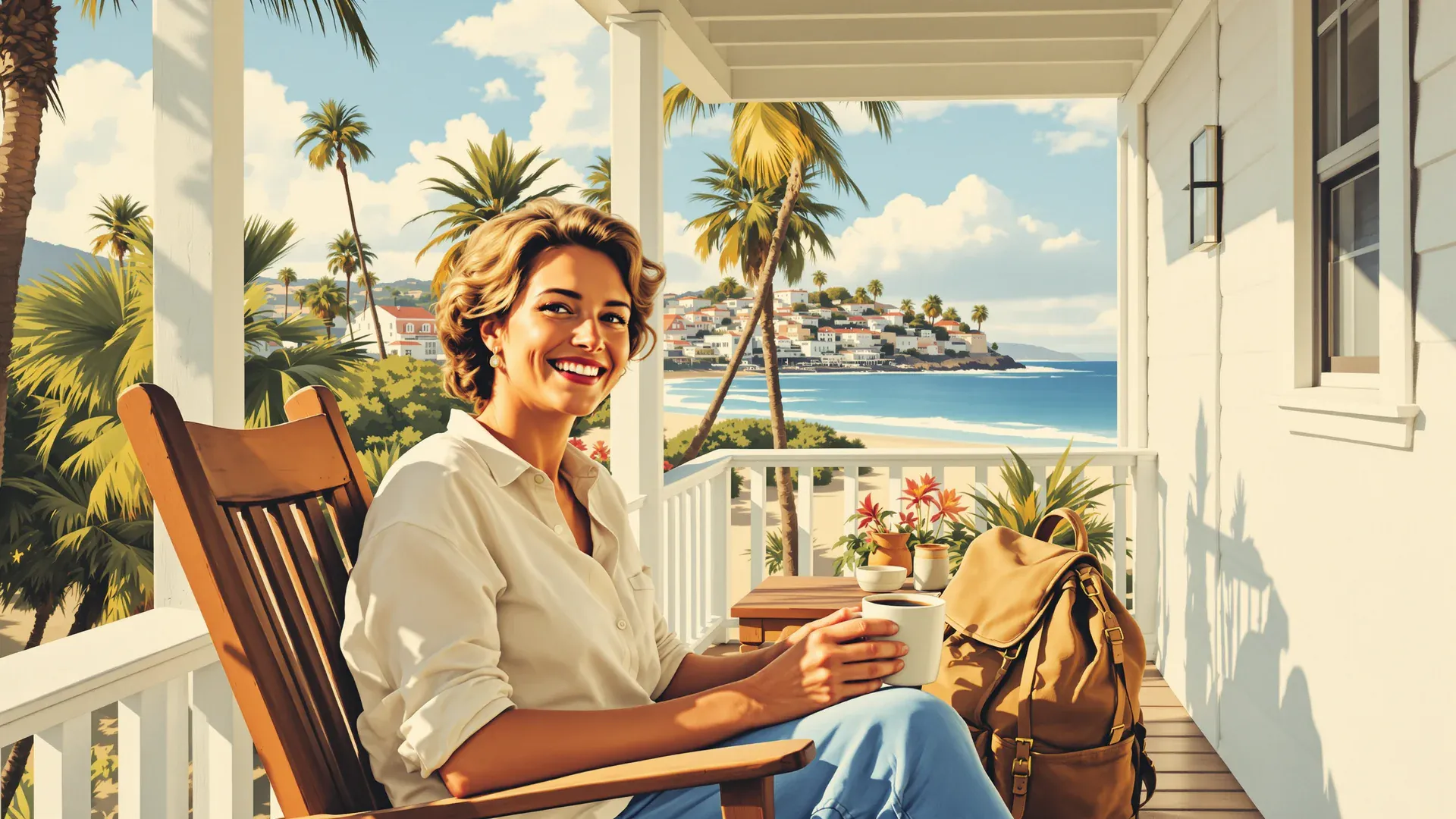 Illustrazione: una donna su una sedia a dondolo nella veranda di una casa al mare, al mattino, con una tazza di caffè, ride guardando la fotocamera, con palme e mare alle spalle
