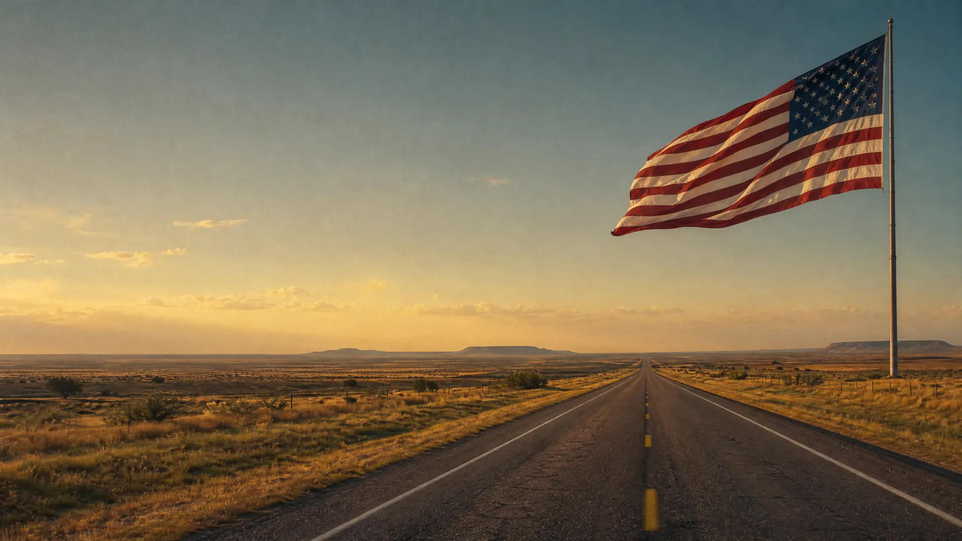 Grande bandeira americana sobre uma rodovia reta no Texas à luz dourada do entardecer