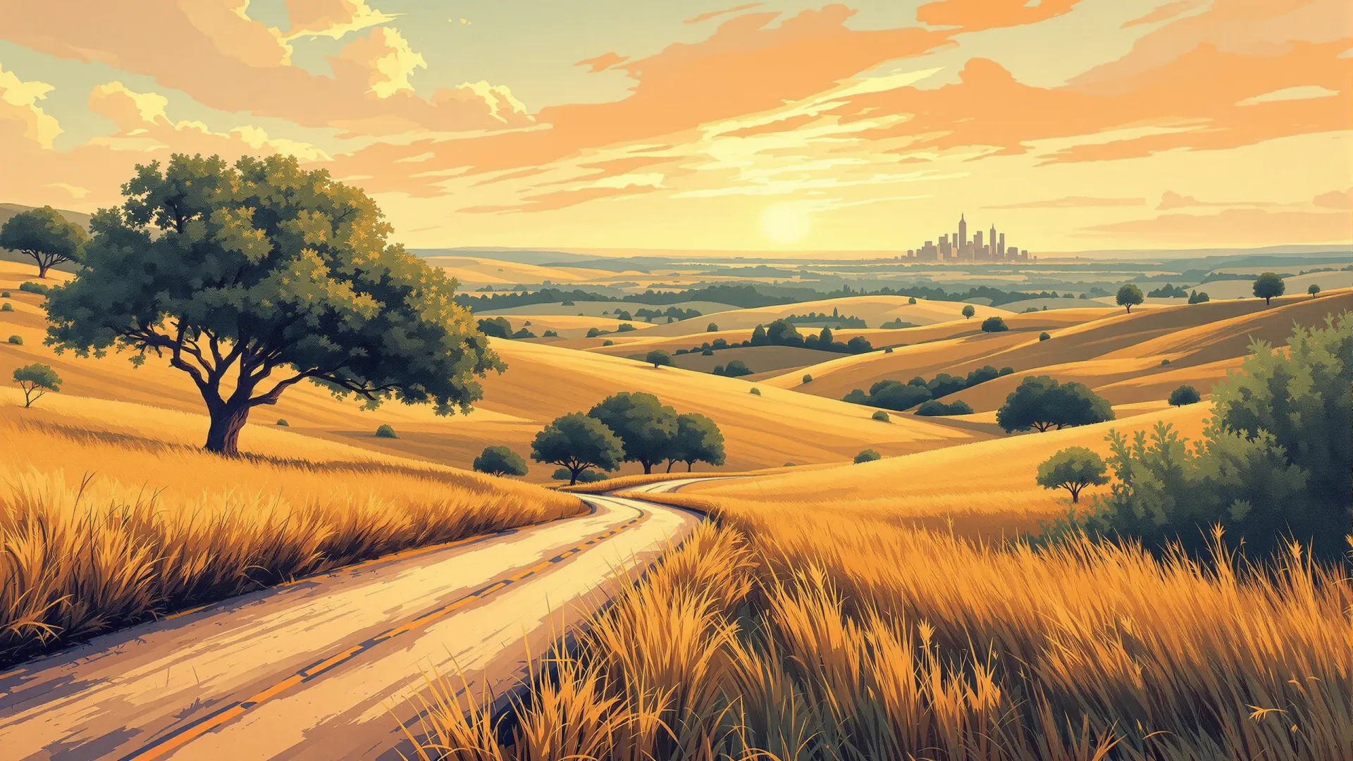 Paisagem do interior do Texas com uma estrada e um horizonte urbano ao longe, em estilo Americana
