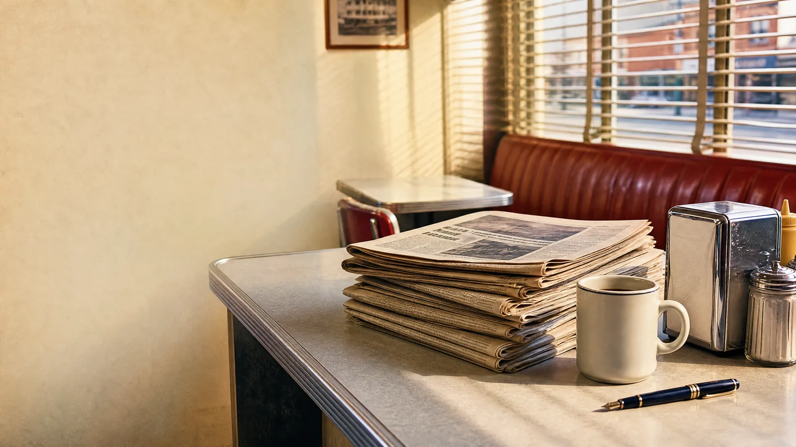 Periódicos económicos estadounidenses y café sobre un escritorio luminoso