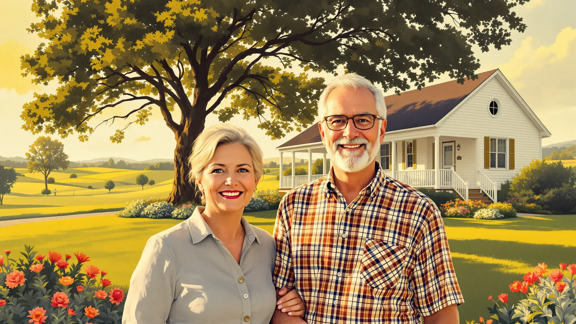 A couple in their sixties arm in arm in front of a white farmhouse, both smiling at the camera