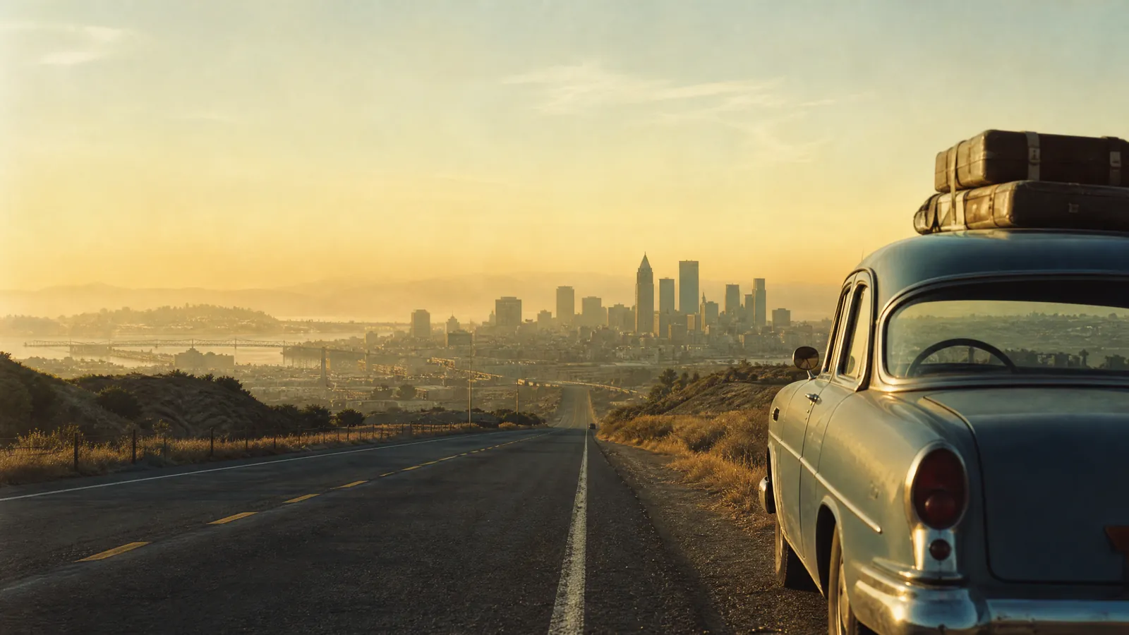 Una carretera rural vacía con un coche antiguo y maletas en el techo frente al skyline de una ciudad estadounidense con la luz de la mañana