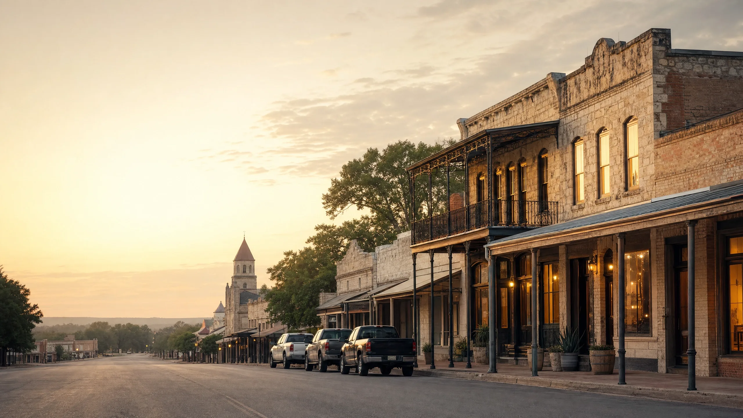 Main Street à Fredericksburg, au Texas, avec la Vereins Kirche