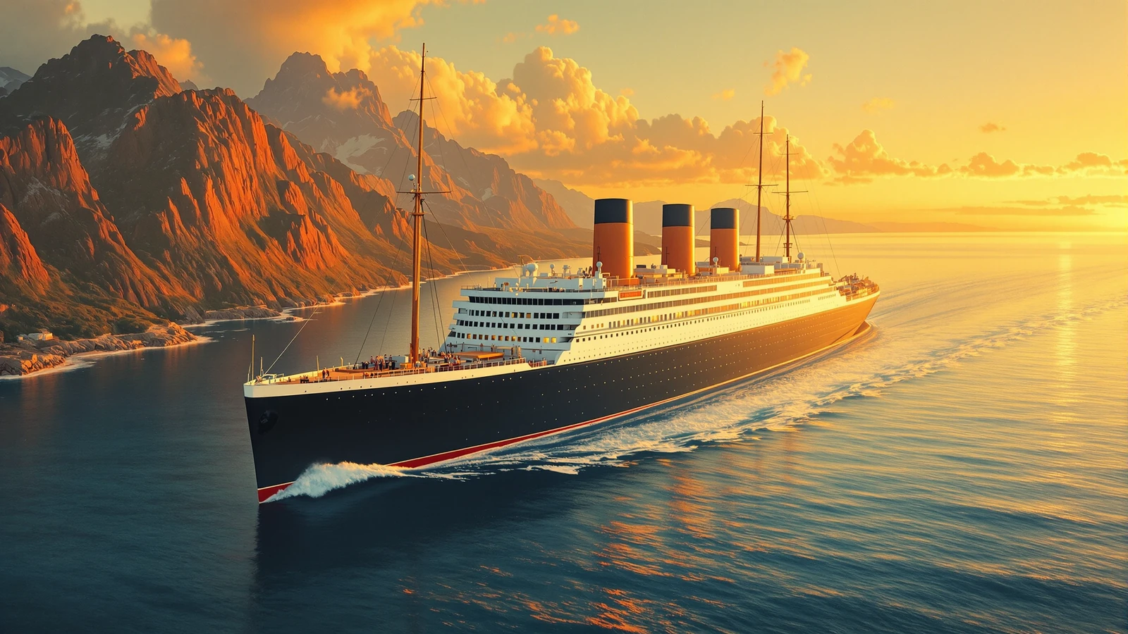 An ocean liner leaving a coastline with Alpine peaks in golden evening light